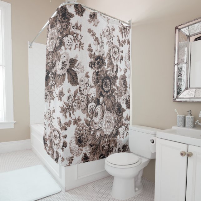 Sepia Tone Brown Vintage Floral Toile No.3 Shower Curtain (In Situ)
