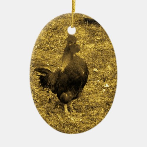 Sepia Tone Crowing Rooster Ceramic Ornament
