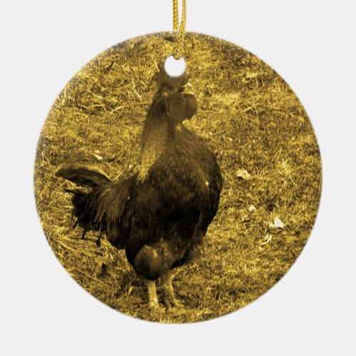 Sepia Tone Crowing Rooster Ceramic Ornament