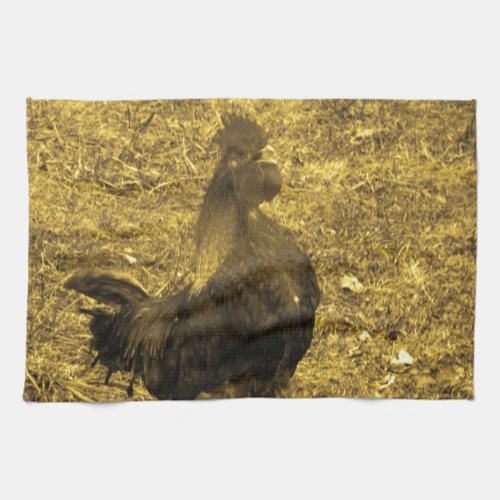 Sepia Tone Crowing Rooster Kitchen Towel