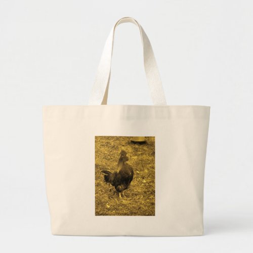 Sepia Tone Crowing Rooster Large Tote Bag