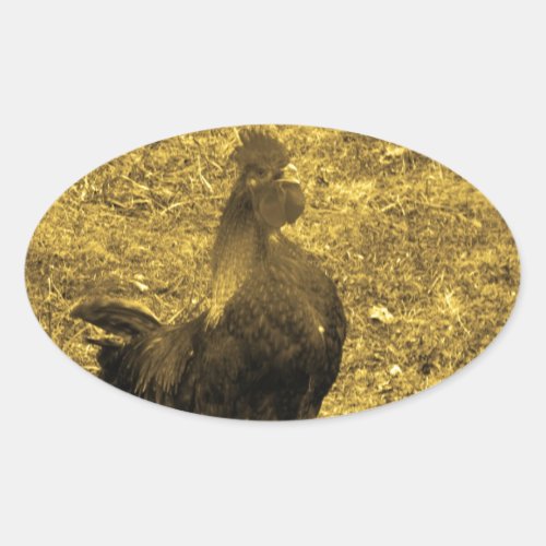 Sepia Tone Crowing Rooster Oval Sticker