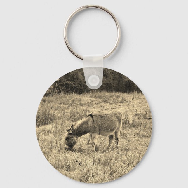 Sepia Tone Donkey  in a Field. Keychain (Front)