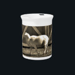 Sepia Tone  Goat and Barn Doors Drink Pitcher<br><div class="desc">Young White Sheep on the Farm Photo by Sandy Closs "goat lover",  sheep,  lamb,  ram,  farm animals,  farm animal,  baby shower,  christmas,  easter,  christian,  baby</div>