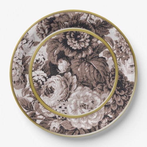 Sepia Tone Gold Ring Brown Floral Toile Paper Plates