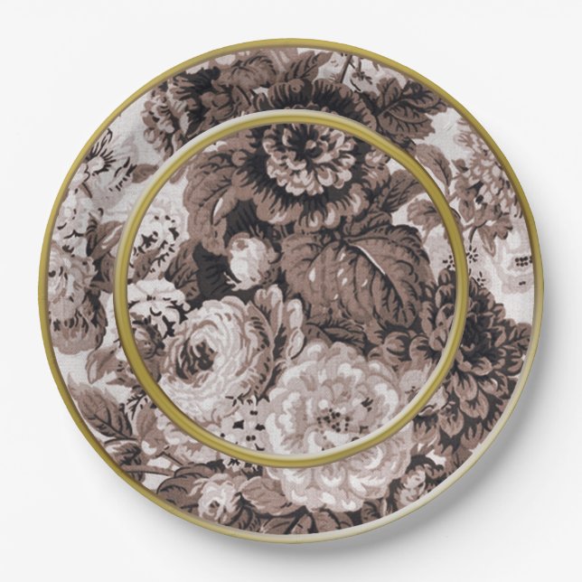 Sepia Tone Gold Ring Brown Floral Toile Paper Plates (Front)