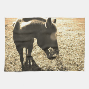 Sepia Tone Photo of brown Horse with flowers Kitchen Towel