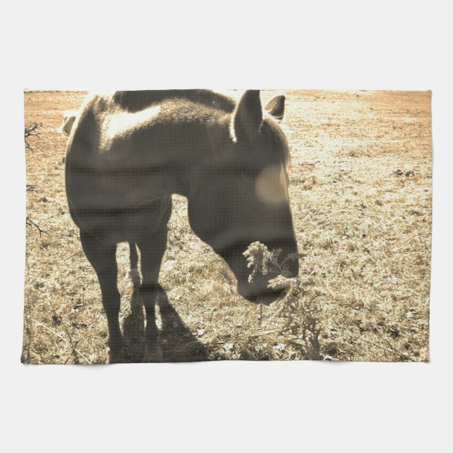Sepia Tone  Photo of  brown Horse with flowers Kitchen Towel (Horizontal)