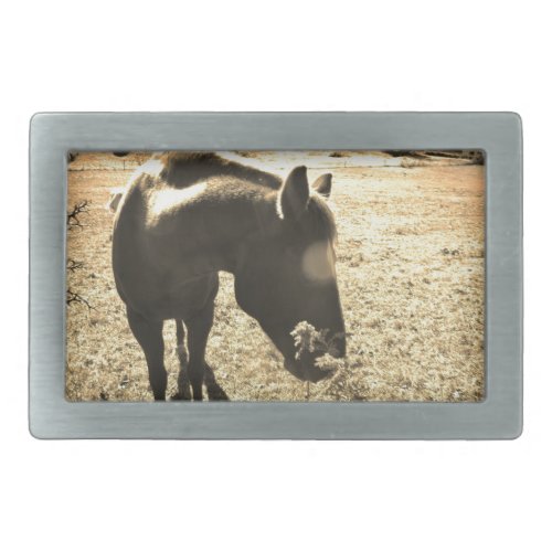 Sepia Tone  Photo of  brown Horse with flowers Rectangular Belt Buckle