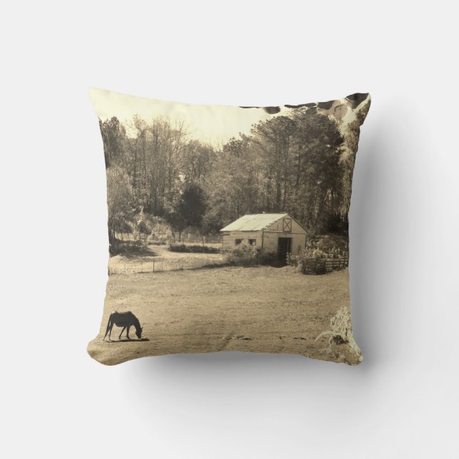 Sepia Tone  Photo of  brown Horse with flowers Throw Pillow (Front)