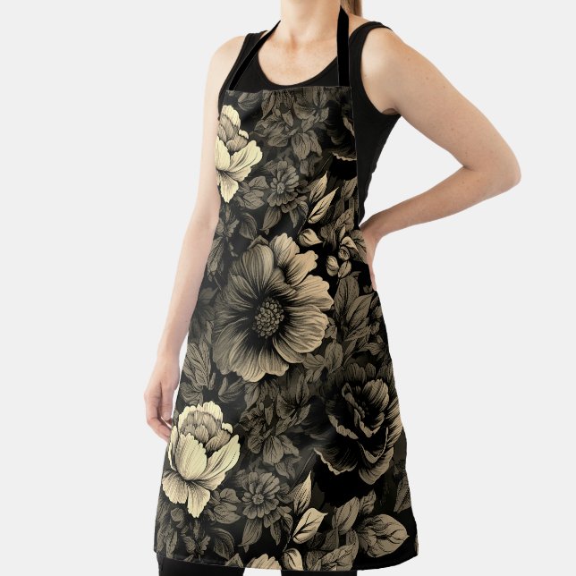 Sepia Tone Vintage Floral Print Apron (Insitu)