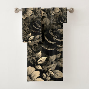 Sepia Tone Vintage Floral Print Bath Towel Set
