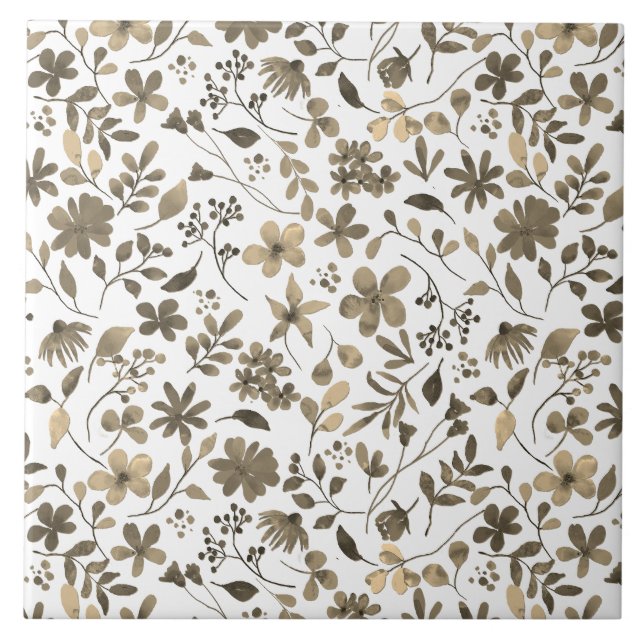 Sepia Tone Vintage Floral Print Ceramic Tile (Front)