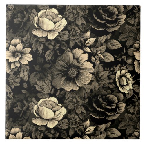 Sepia Tone Vintage Floral Print Ceramic Tile