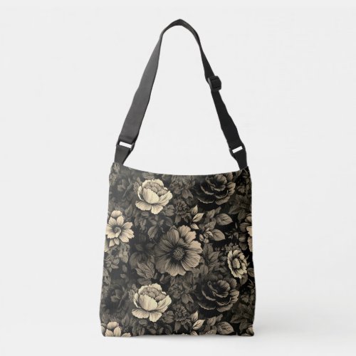 Sepia Tone Vintage Floral Print Crossbody Bag