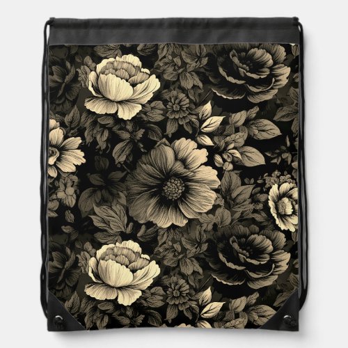 Sepia Tone Vintage Floral Print Drawstring Bag