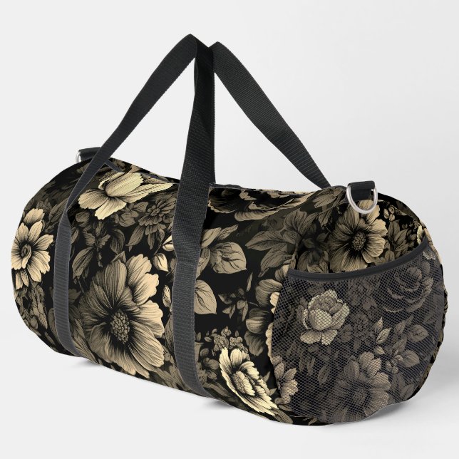 Sepia Tone Vintage Floral Print Duffle Bag (Right Corner)