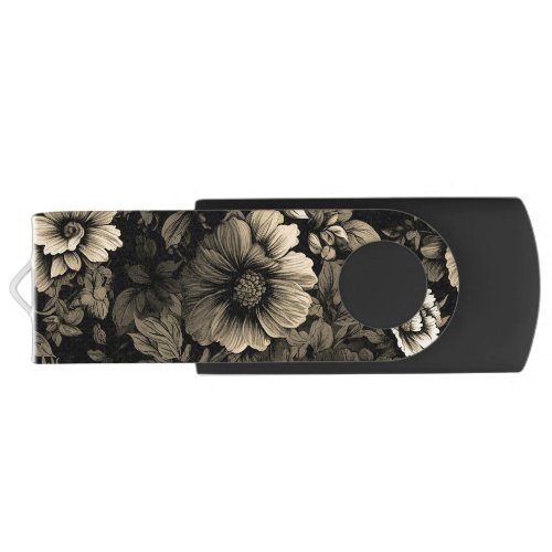 Sepia Tone Vintage Floral Print Flash Drive