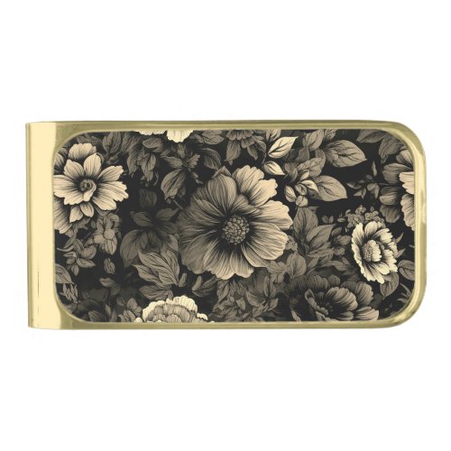 Sepia Tone Vintage Floral Print Gold Finish Money Clip