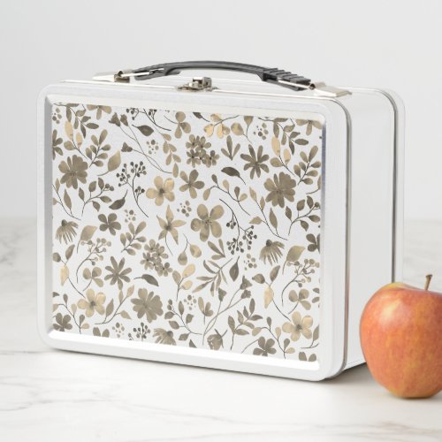 Sepia Tone Vintage Floral Print Metal Lunch Box