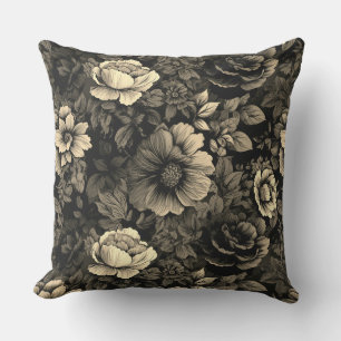 Sepia Tone Vintage Floral Print Outdoor Pillow