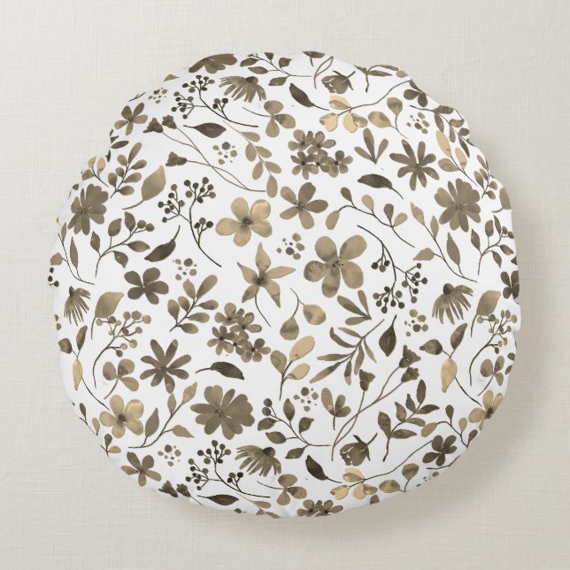 Sepia Tone Vintage Floral Print Round Pillow (Front)