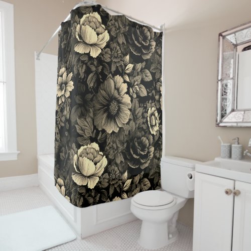Sepia Tone Vintage Floral Print Shower Curtain