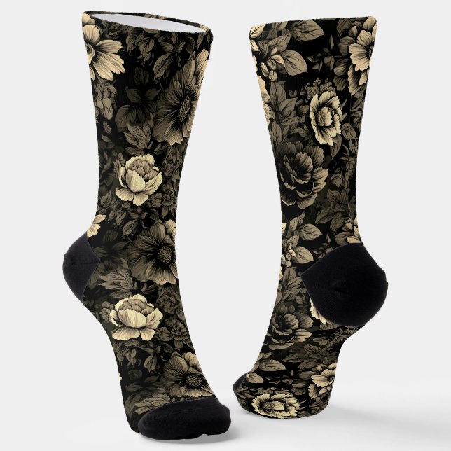 Sepia Tone Vintage Floral Print Socks (Angled)