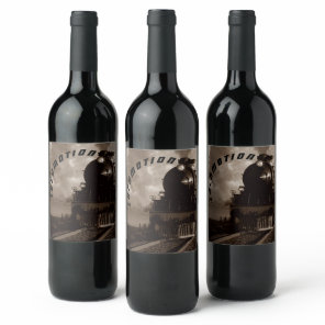 Sepia Train wheels on track Locomotion Railroad Wine Label