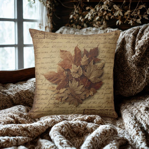 Sepia Vintage Autumn leaves & Scripted Memories Throw Pillow