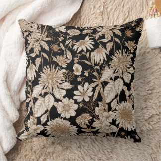 Sepia Vintage Botanical Etching Sketch Wildflower Throw Pillow