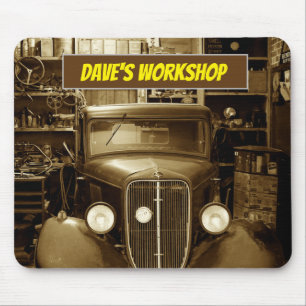 Sepia Vintage Car in the Workshop Mouse Pad