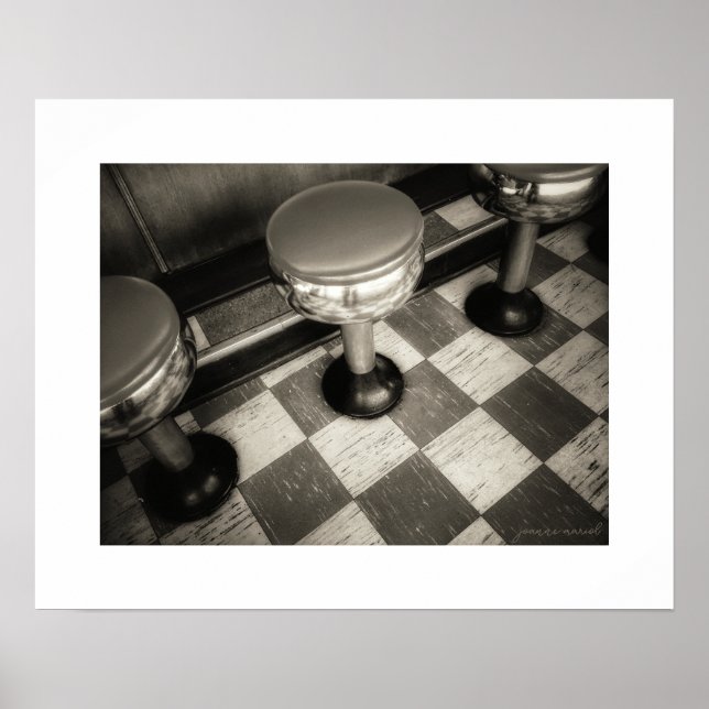 Sepia Vintage Diner Stools Poster Print (Front)