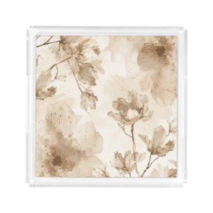 Sepia Vintage Floral Watercolor Botanical Painting Acrylic Tray