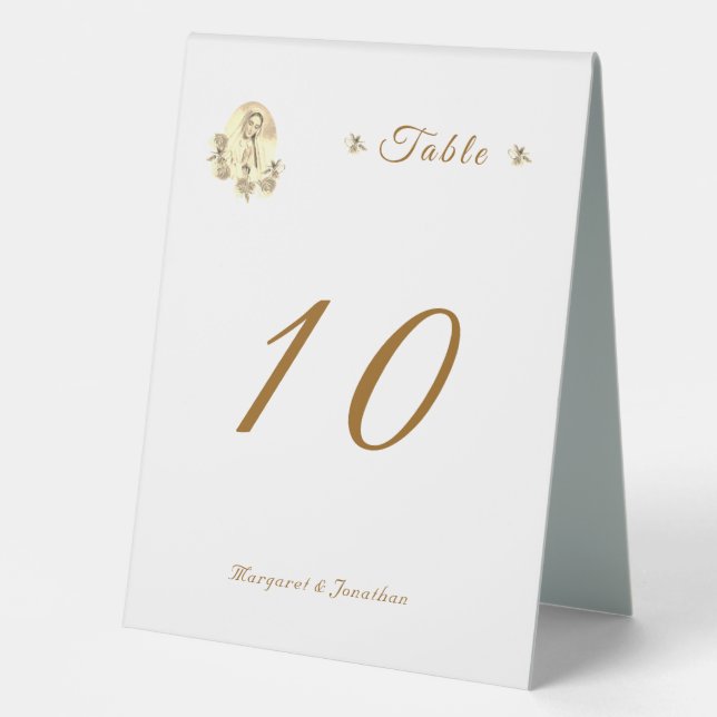 Sepia Virgin Mary Wedding Table Number Tent (Front)