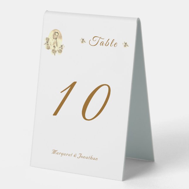 Sepia Virgin Mary Wedding Table Number Tent (Front)