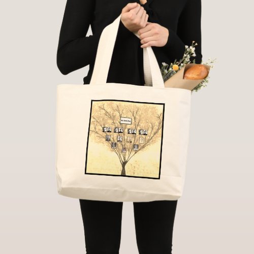 Sepia Watercolor Painting Family Tree with Photos Large Tote Bag