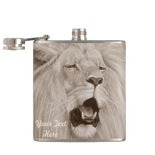 sepia wildlife painting of big cat roaring lion flask (Opened)