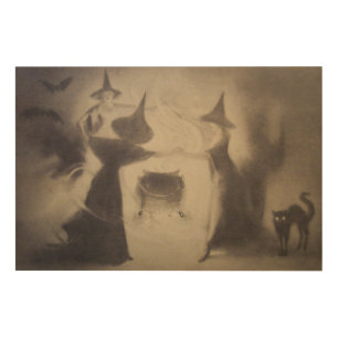 Sepia Witch Bat Night Cauldron Black Cat Wood Wall Art