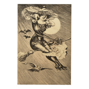 Sepia Witch Flying Broom Bat Full Moon Wood Wall Decor