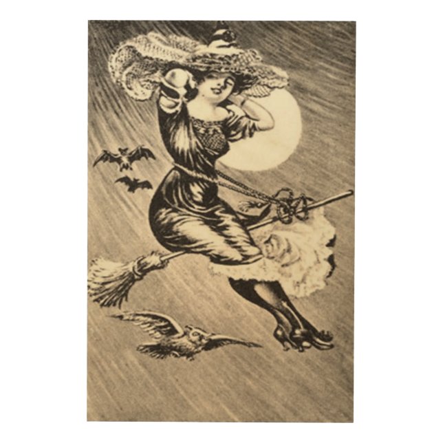 Sepia Witch Flying Broom Bat Full Moon Wood Wall Decor (Front)
