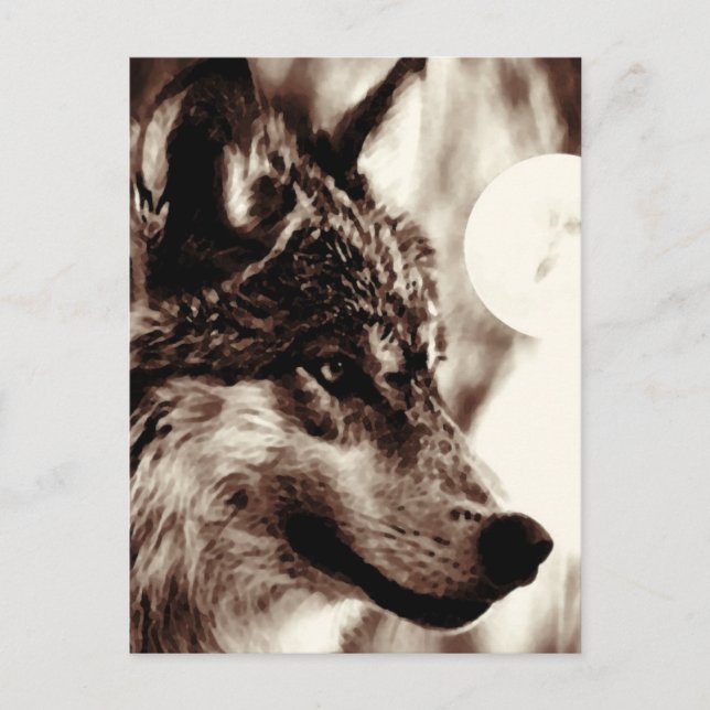Sepia Wolf Face & Moon Postcard (Front)