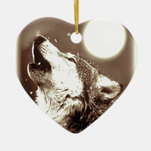 Sepia Wolf & Moon Ceramic Ornament