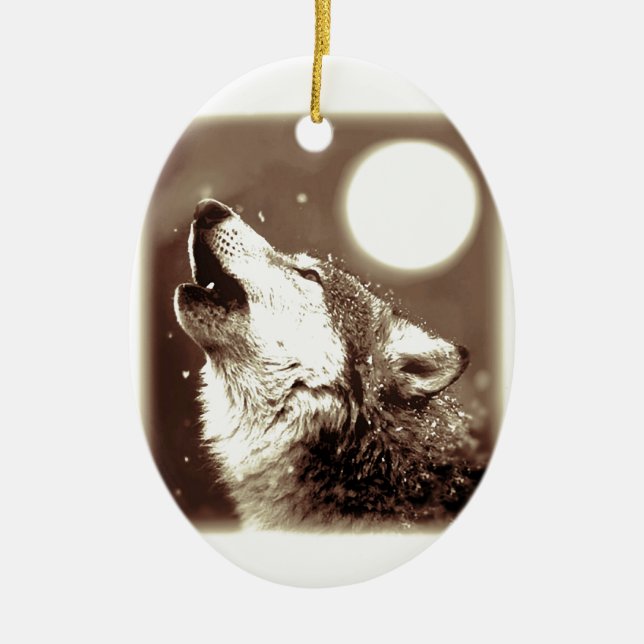 Sepia Wolf & Moon Ceramic Ornament (Front)