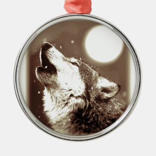 Sepia Wolf & Moon Metal Ornament