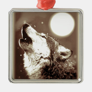 Sepia Wolf & Moon Metal Ornament