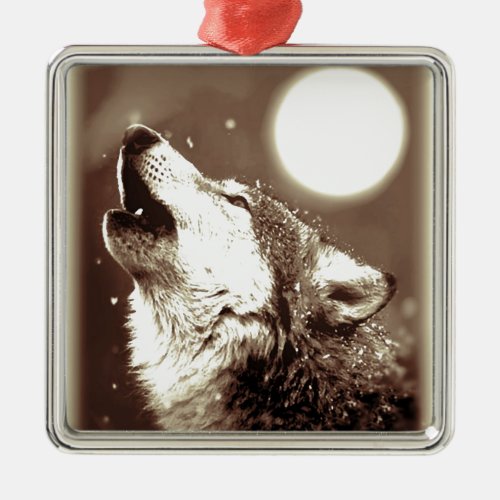 Sepia Wolf  Moon Metal Ornament