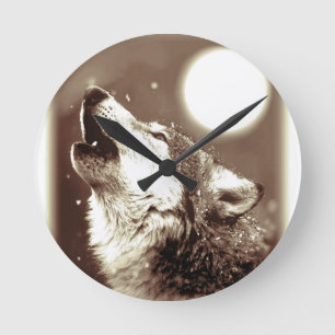 Sepia Wolf & Moon Round Clock