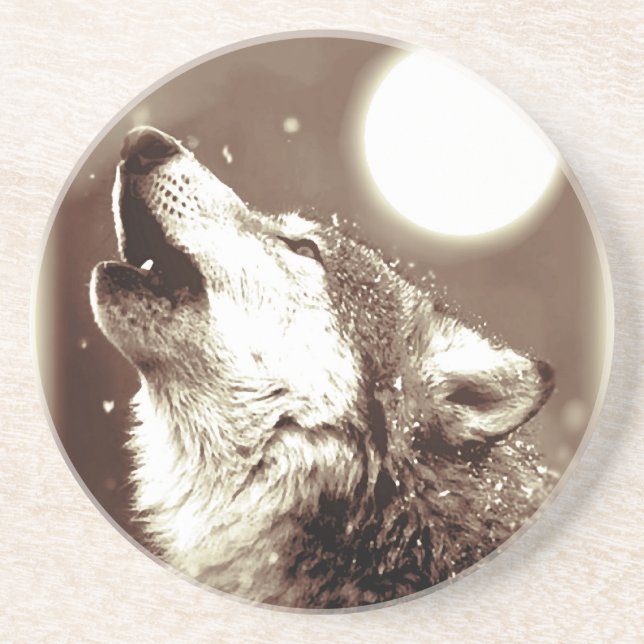 Sepia Wolf & Moon Sandstone Coaster (Front)