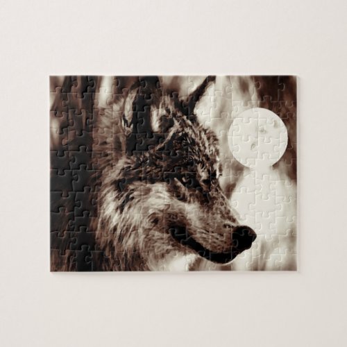 Sepia Wolf Motivational Freedom Night Fullmoon Jigsaw Puzzle